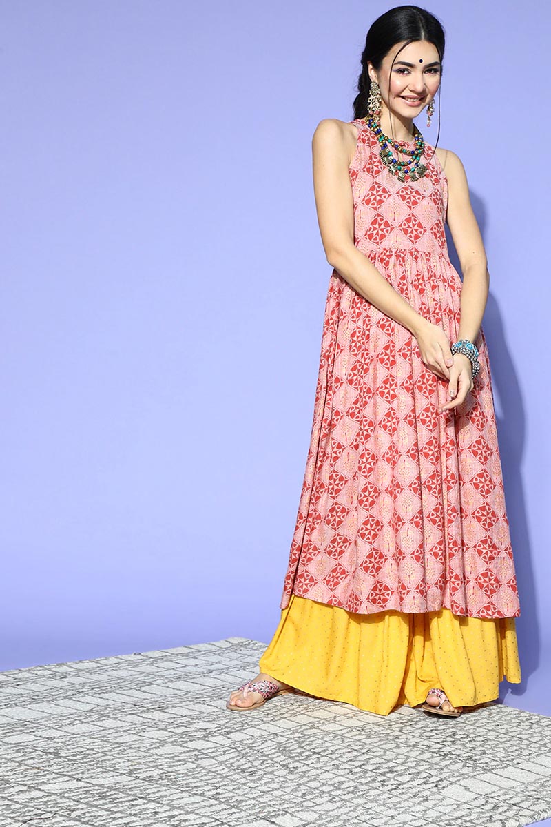 Women Pink Ethnic Motifs Printed Keyhole Neck Cotton Kurta VCK8514 | D