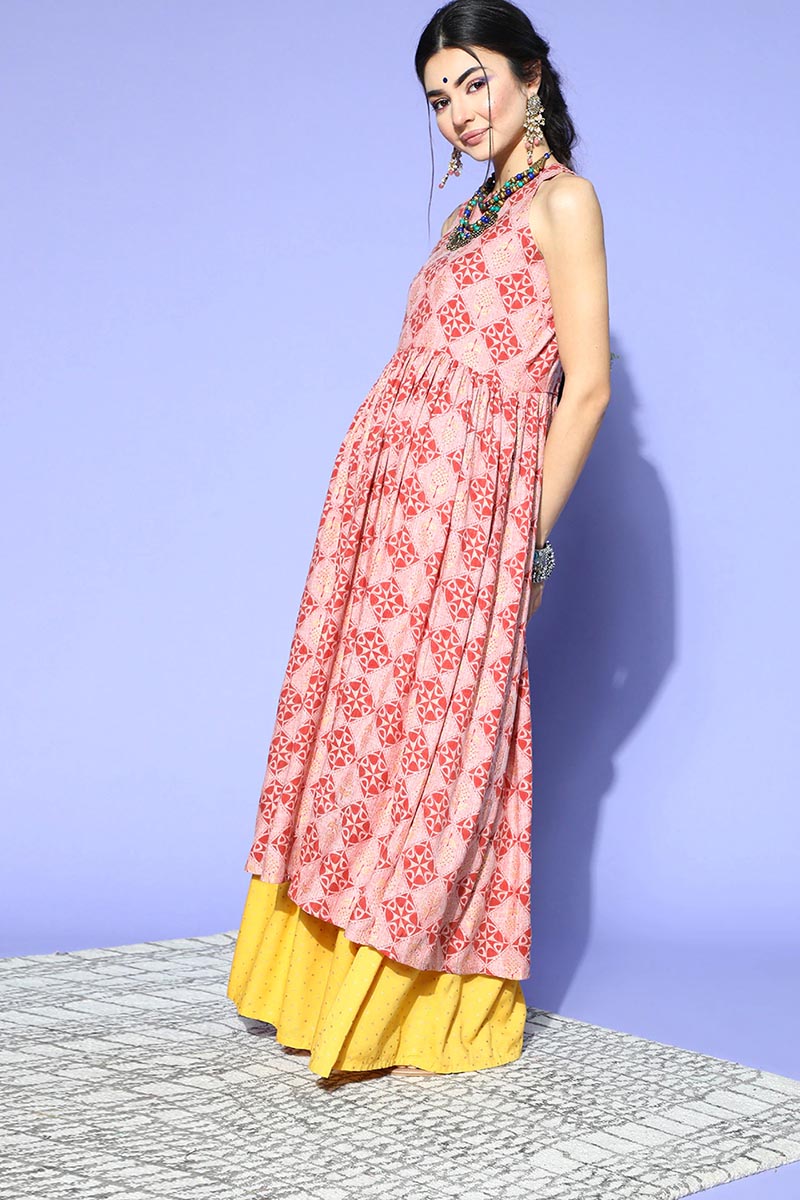 Women Pink Ethnic Motifs Printed Keyhole Neck Cotton Kurta VCK8514 | D