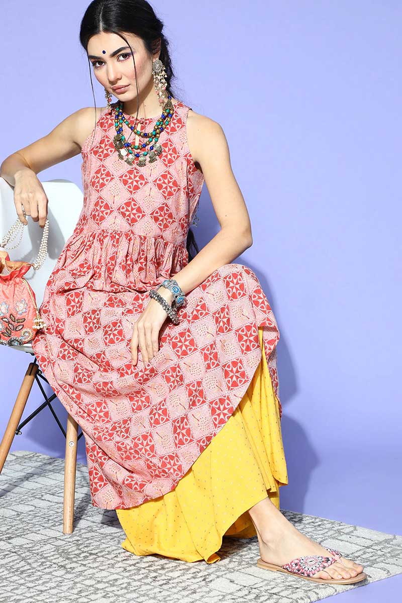 Women Pink Ethnic Motifs Printed Keyhole Neck Cotton Kurta VCK8514 | D