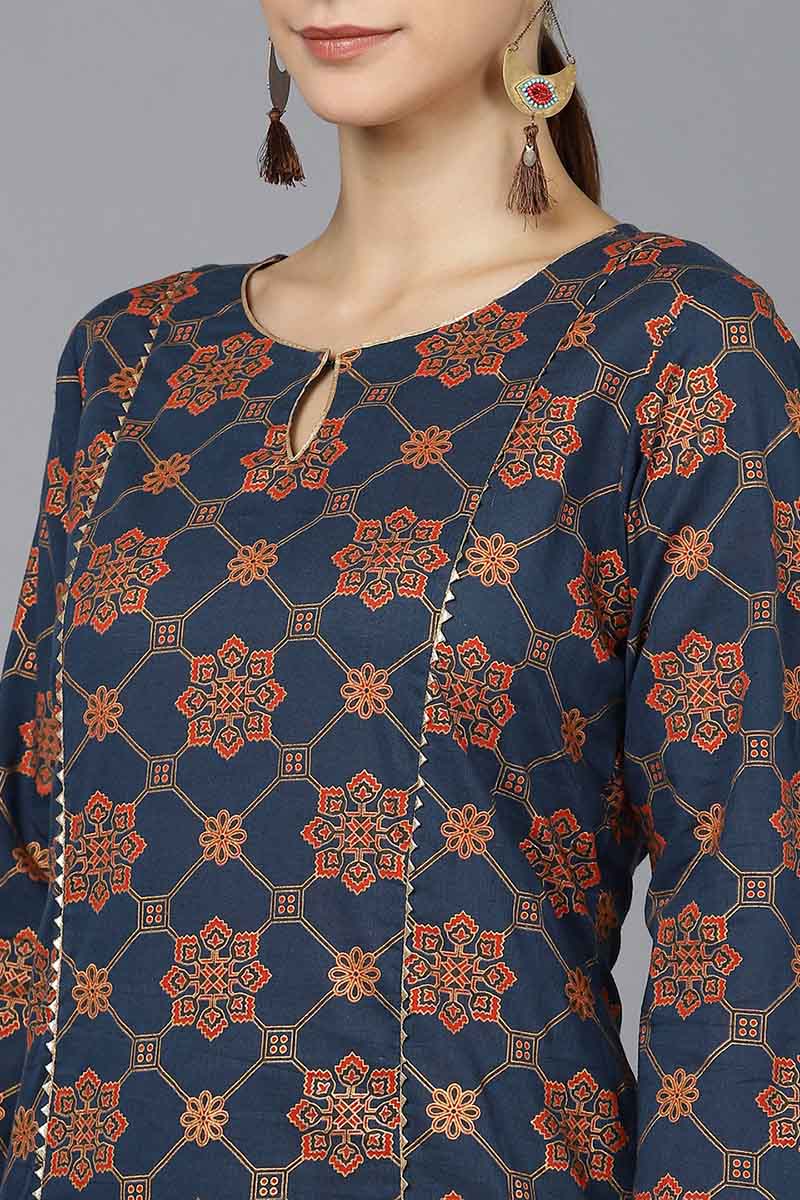 Navy Blue Cotton Straight Kurta VCK8687 | DesiQlo