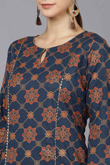  Women Navy Blue Cotton Ethnic Motifs Printed Kurtas