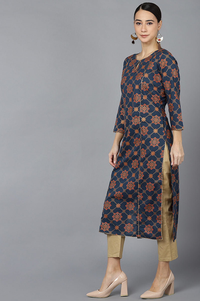 Navy Blue Cotton Straight Kurta VCK8687 | DesiQlo