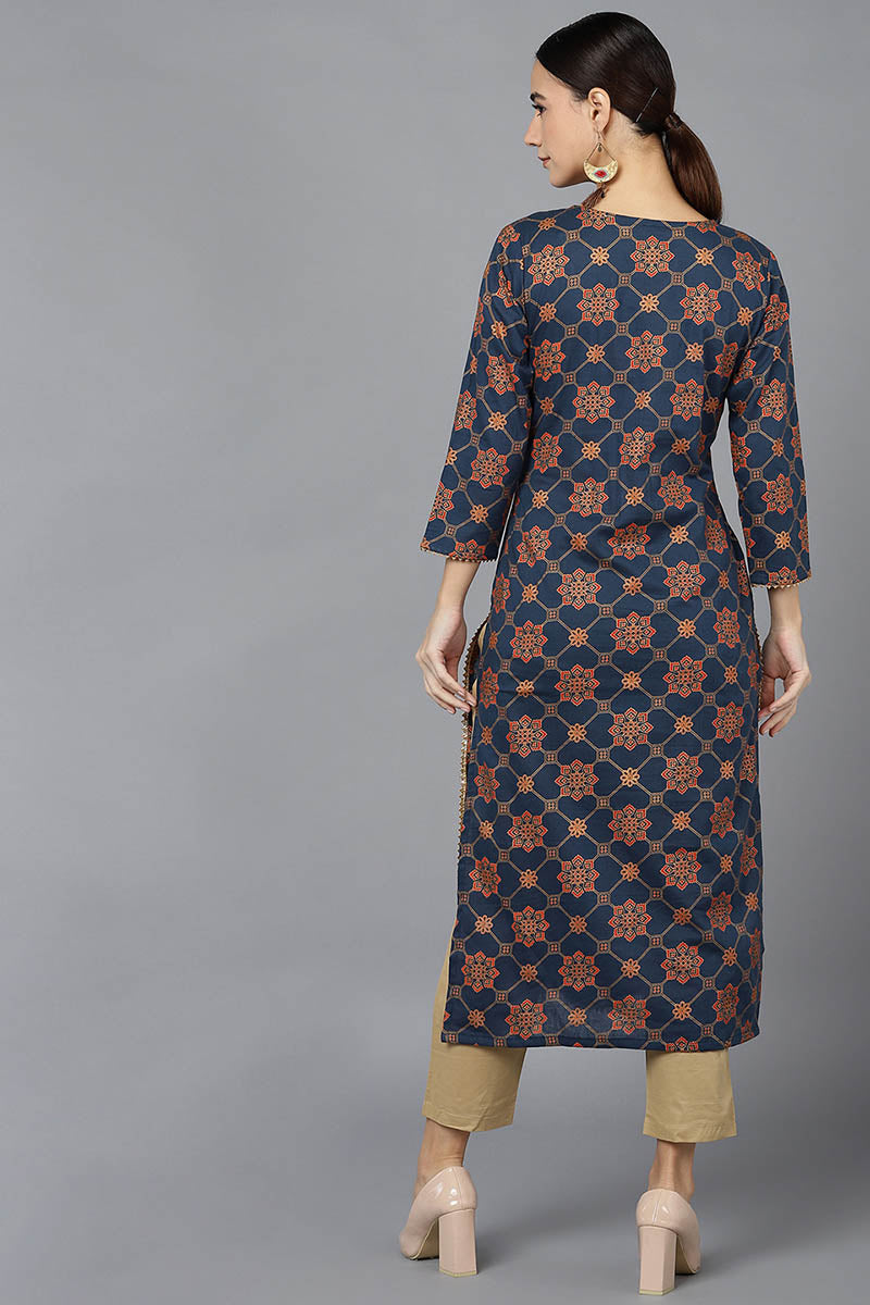 Navy Blue Cotton Straight Kurta VCK8687 | DesiQlo