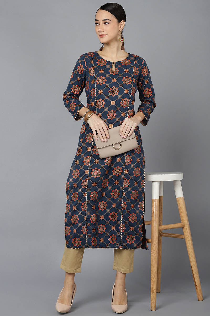 Navy Blue Cotton Straight Kurta VCK8687 | DesiQlo