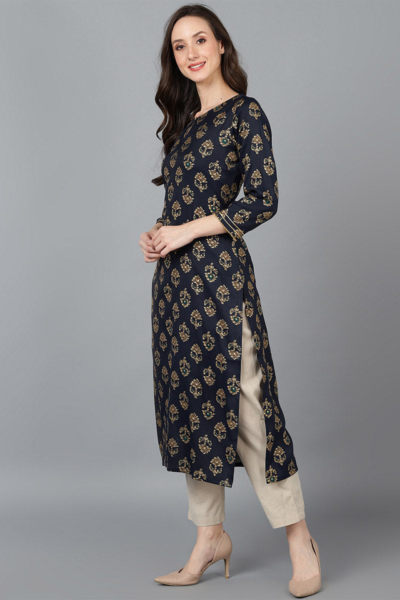 Black Cotton Blend Straight Kurta VCK8770 | DesiQlo
