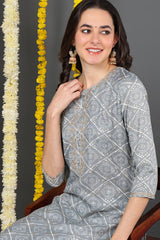 Grey Cotton Blend Bandhani Printed Straight Kurta VCK9088
