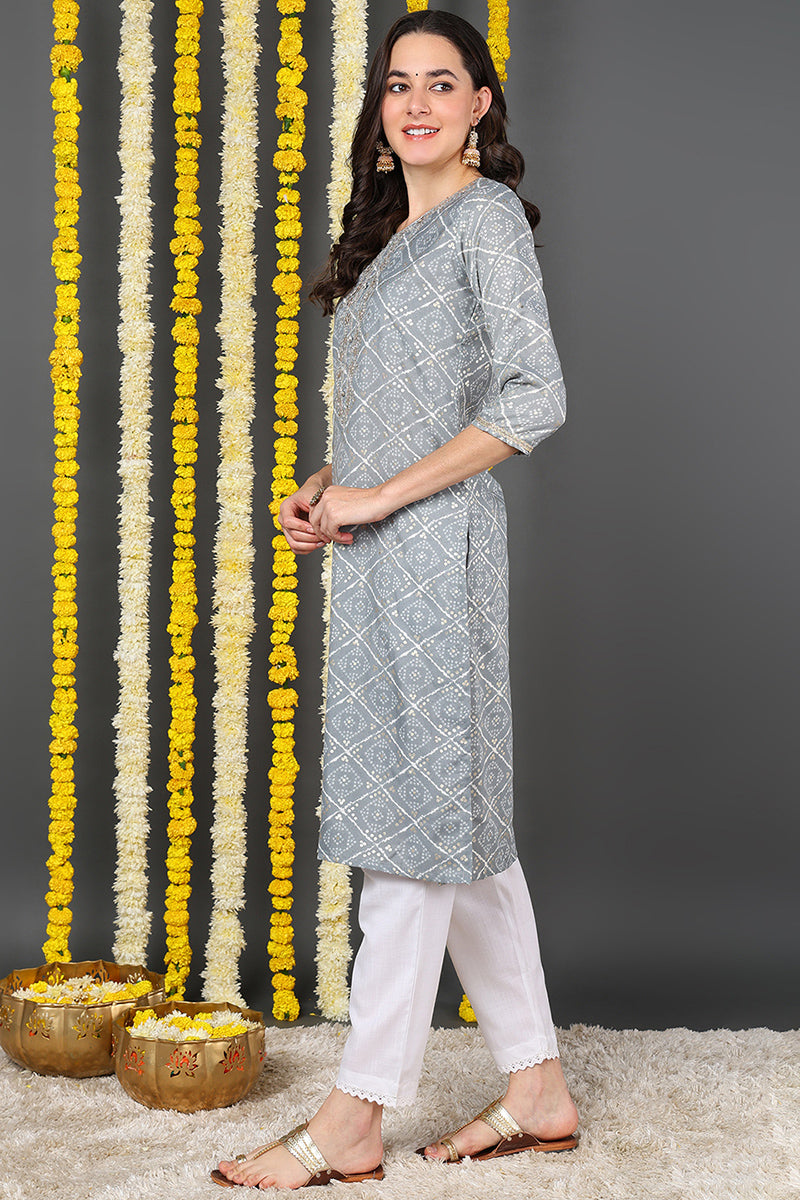 Grey Cotton Blend Bandhani Printed Straight Kurta VCK9088 | DesiQlo