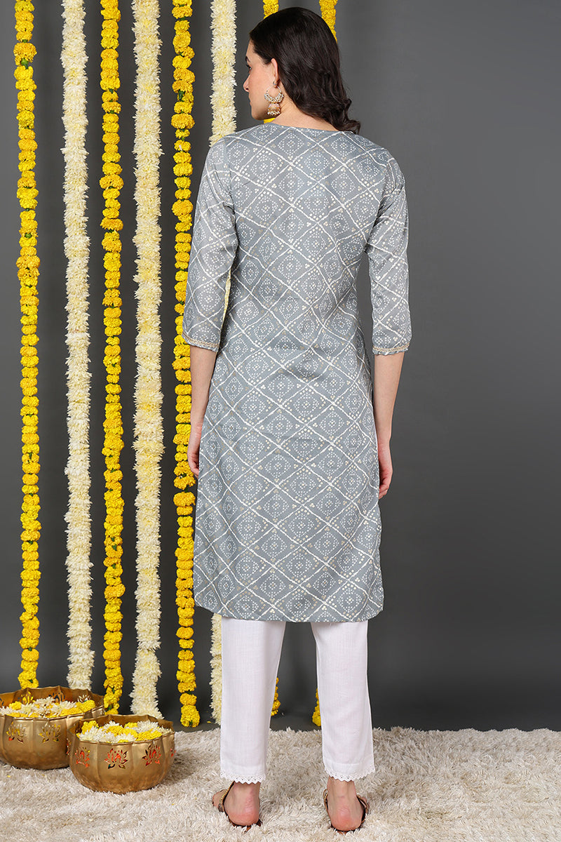 Grey Cotton Blend Bandhani Printed Straight Kurta VCK9088 | DesiQlo