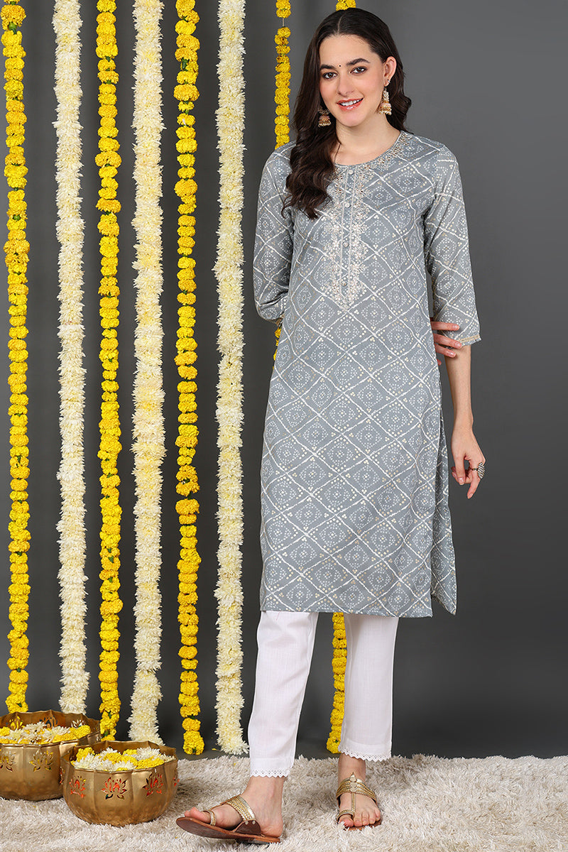 Grey Cotton Blend Bandhani Printed Straight Kurta VCK9088 | DesiQlo