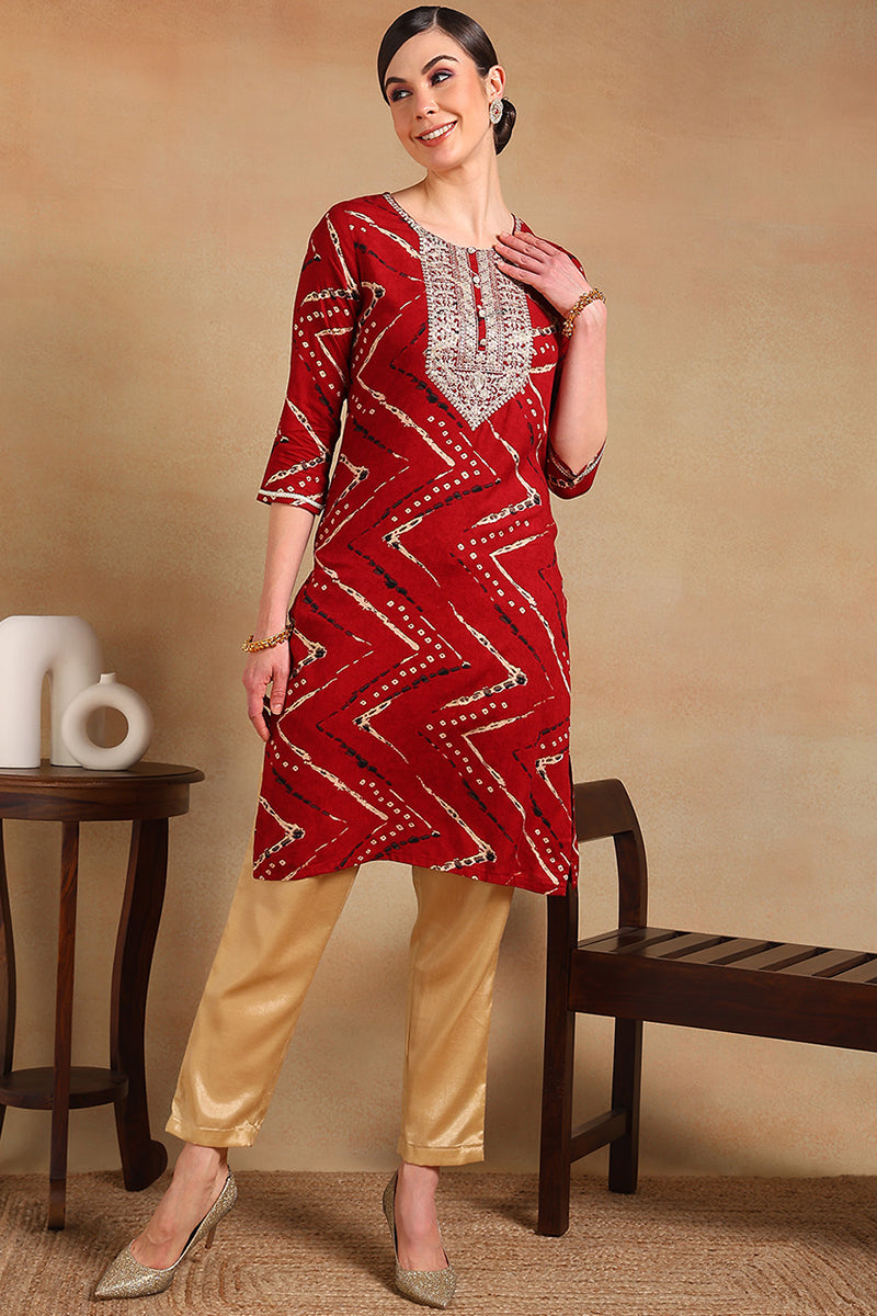 Maroon Cotton Blend Ethnic Motifs Printed Straight Kurta VCK9210A