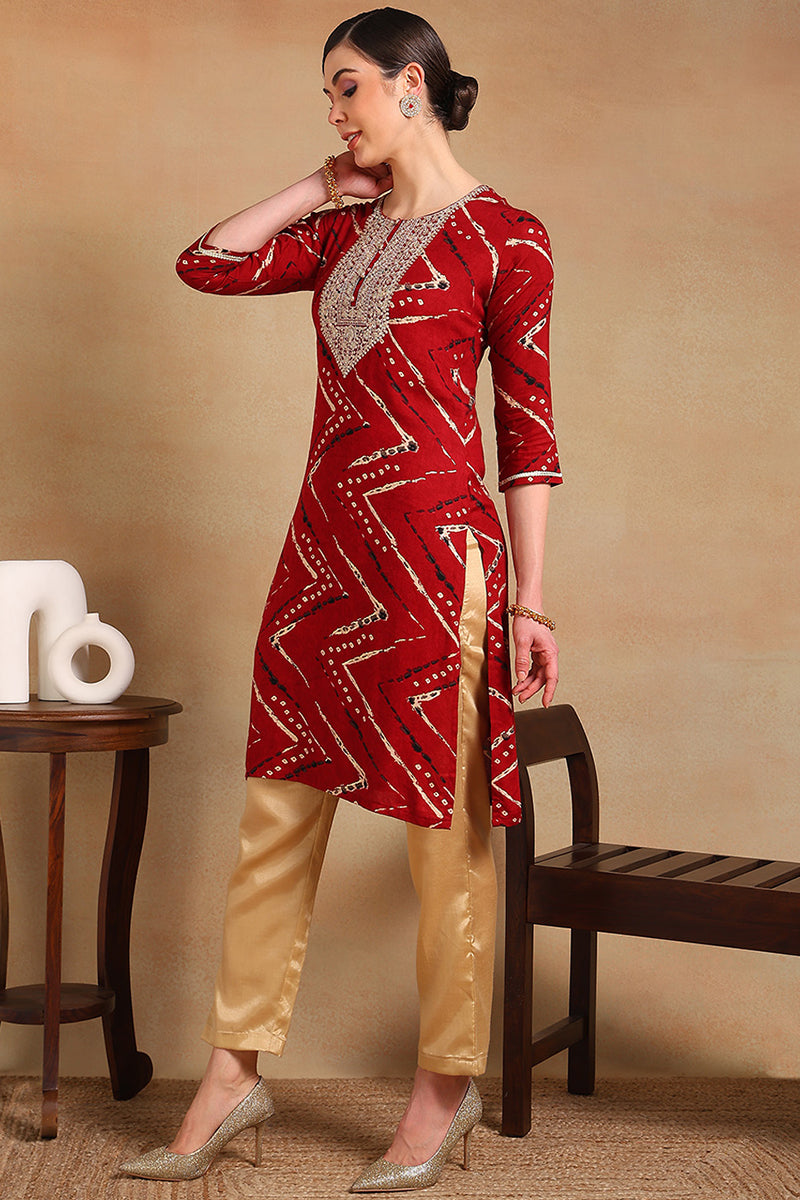 Maroon Cotton Blend Ethnic Motifs Printed Straight Kurta VCK9210A