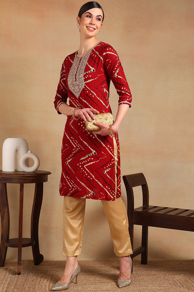 Maroon Cotton Blend Ethnic Motifs Printed Straight Kurta VCK9210A