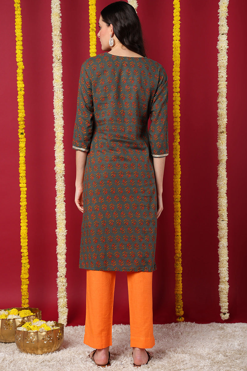 Olive Cotton Blend Floral Embroidered Straight Kurta VCK9214 | DesiQlo