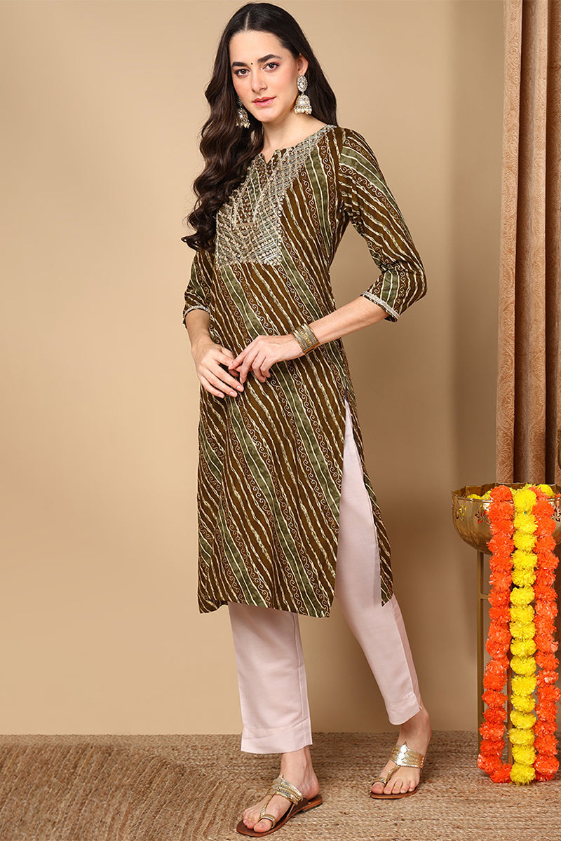 Olive Green Viscose Rayon Leheriya Printed Straight Kurta VCK9260 | De