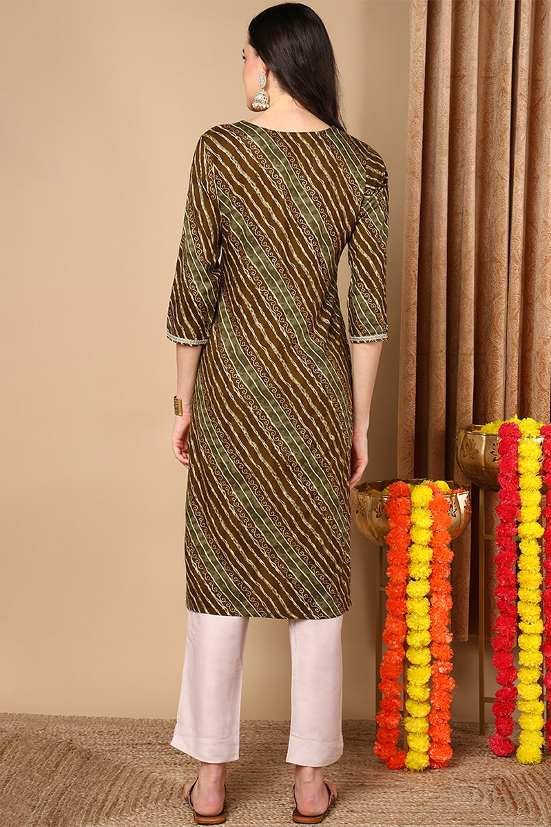 Olive Green Viscose Rayon Leheriya Printed Straight Kurta VCK9260 | De