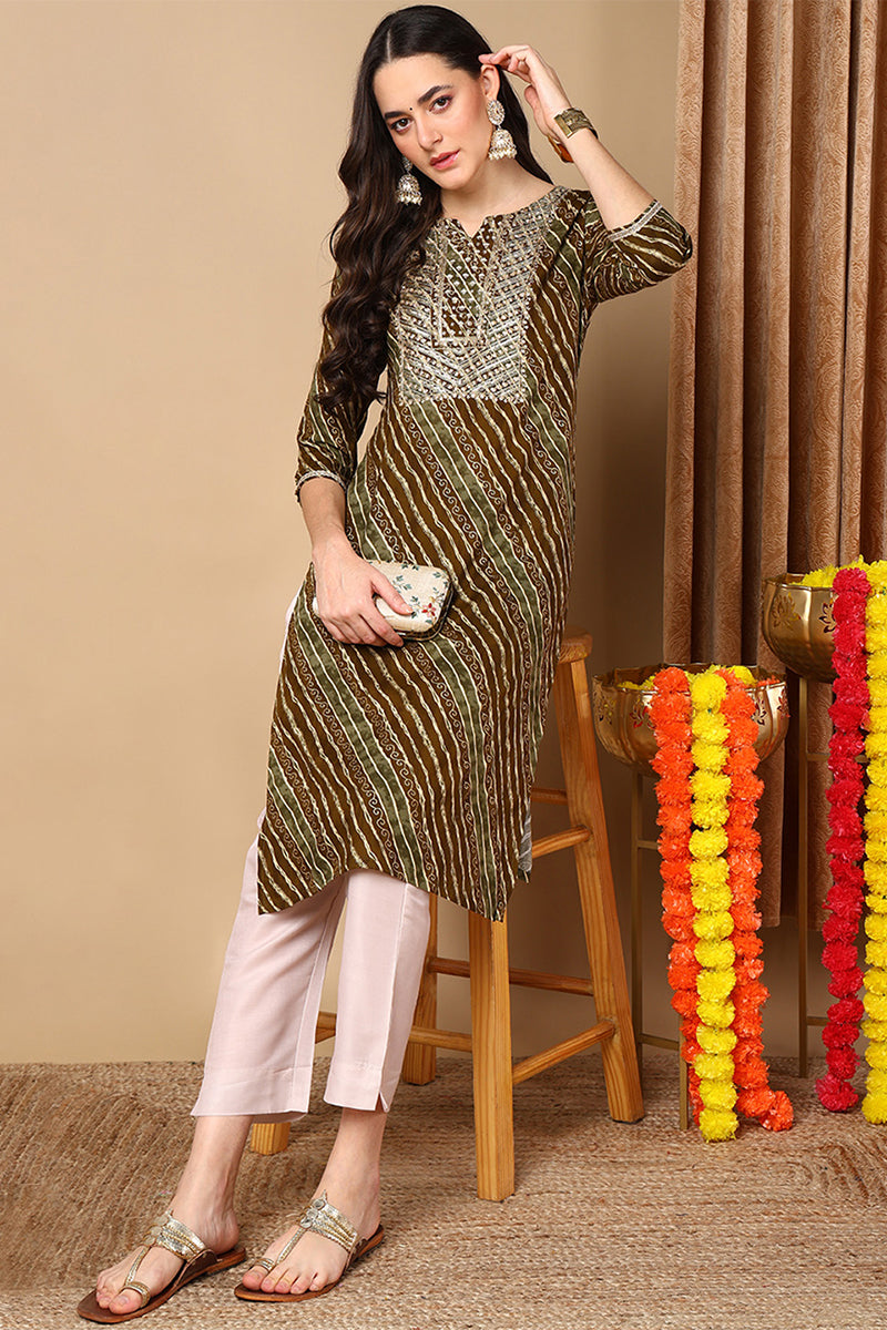 Olive Green Viscose Rayon Leheriya Printed Straight Kurta VCK9260 | De