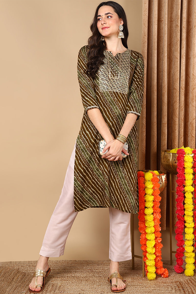 Olive Green Viscose Rayon Leheriya Printed Straight Kurta VCK9260 | De