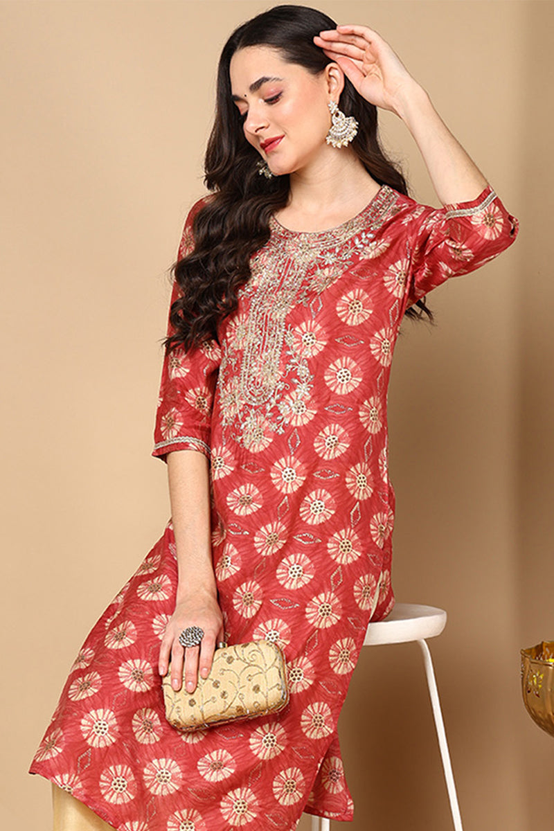 Rust Red Silk Blend Ethnic Motifs Printed Straight Kurta VCK9264 | Des