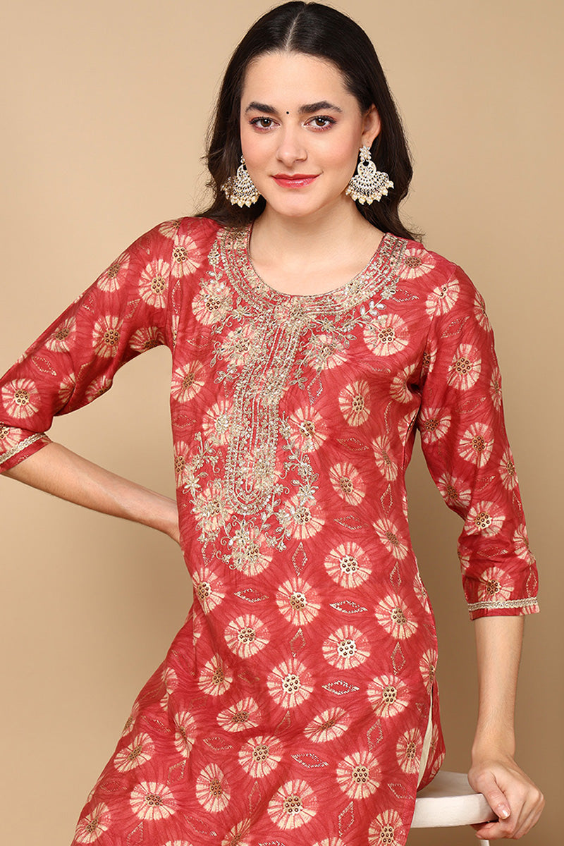 Rust Red Silk Blend Ethnic Motifs Printed Straight Kurta VCK9264 | Des