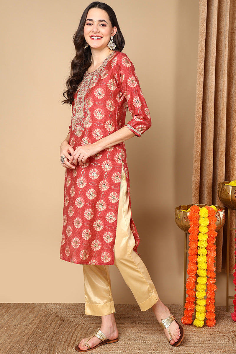 Rust Red Silk Blend Ethnic Motifs Printed Straight Kurta VCK9264 | Des
