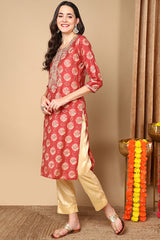 Rust Red Silk Blend Ethnic Motifs Printed Straight Kurta VCK9264