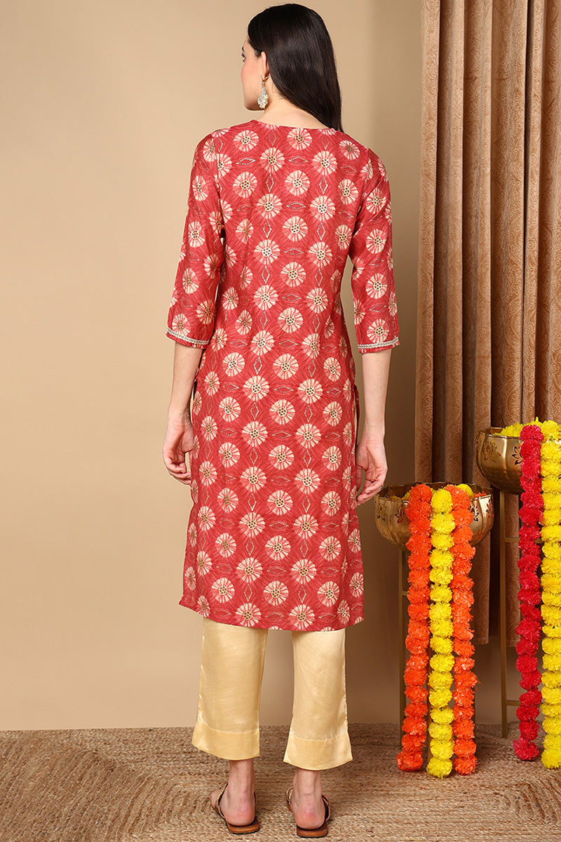 Rust Red Silk Blend Ethnic Motifs Printed Straight Kurta VCK9264 | Des