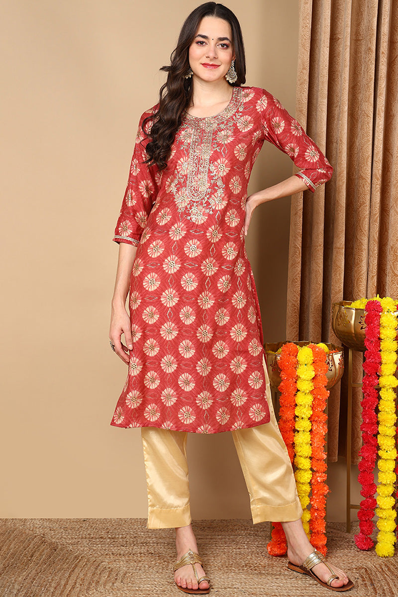Rust Red Silk Blend Ethnic Motifs Printed Straight Kurta VCK9264 | Des