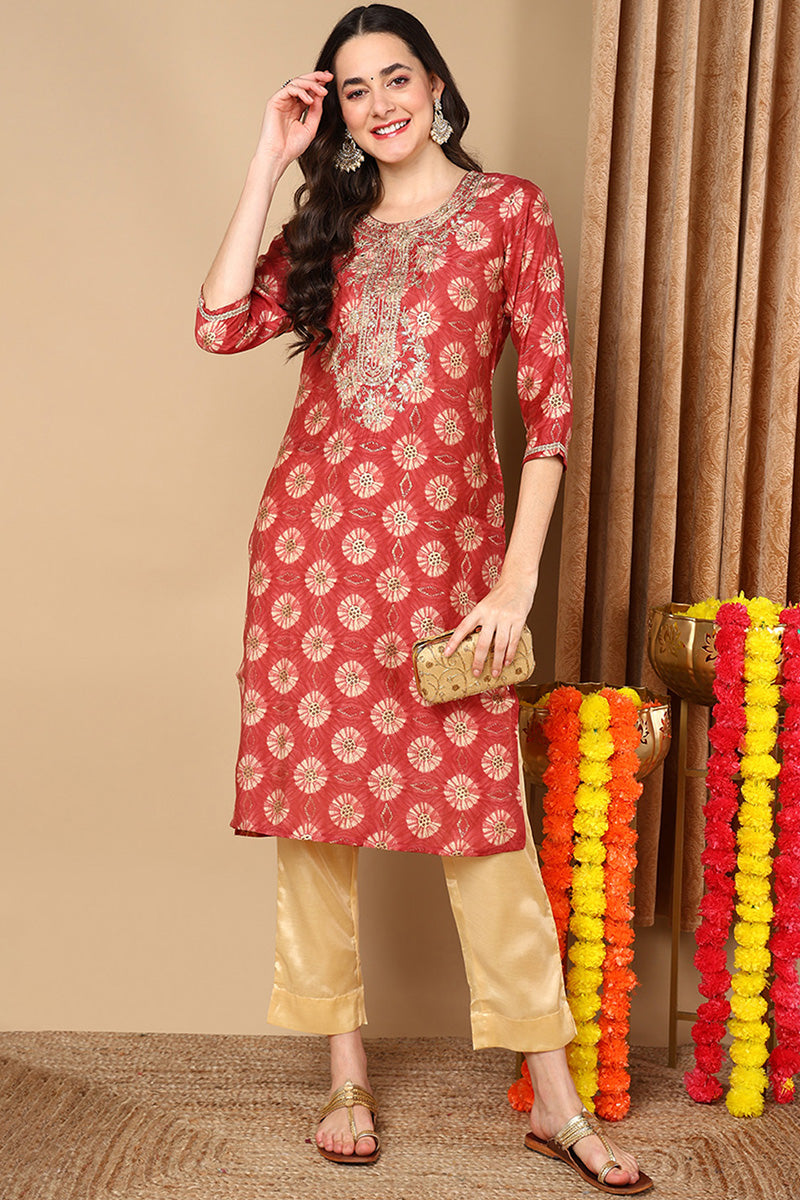 Rust Red Silk Blend Ethnic Motifs Printed Straight Kurta VCK9264 | Des