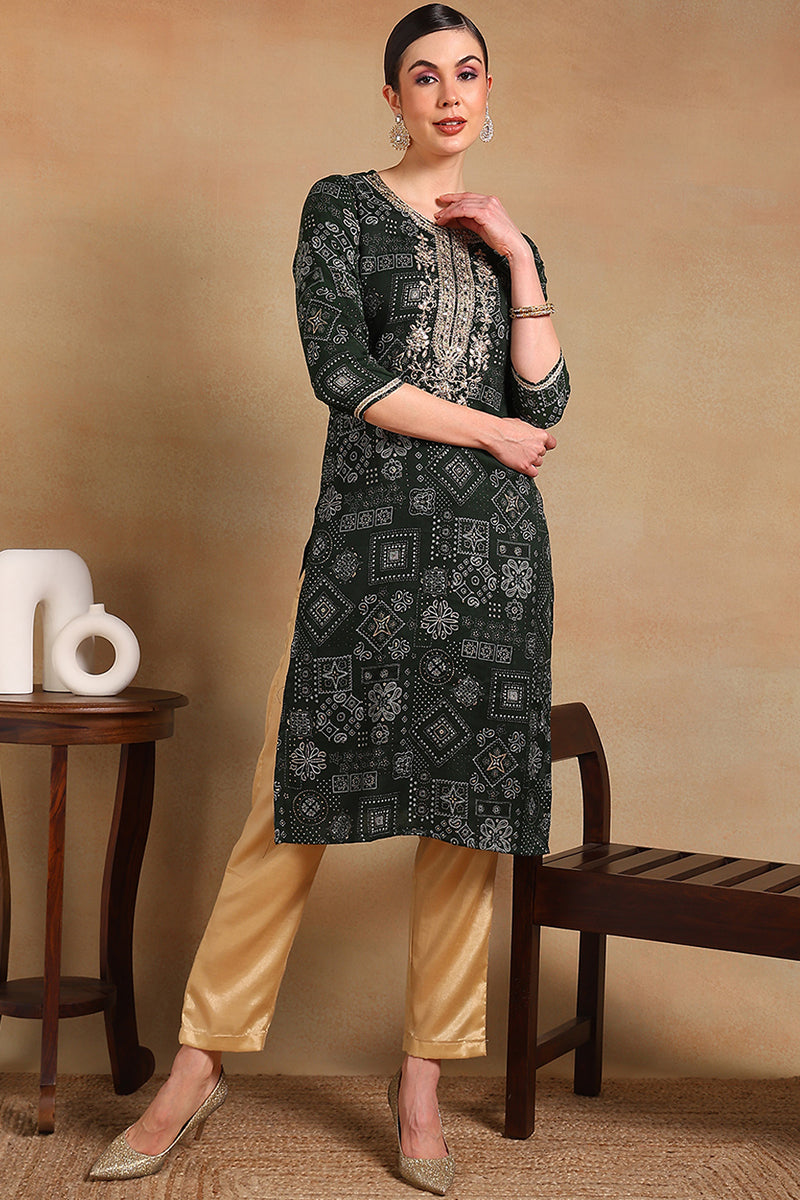 Green Silk Blend Ethnic Motifs Printed Straight Kurta VCK9337 | DesiQl