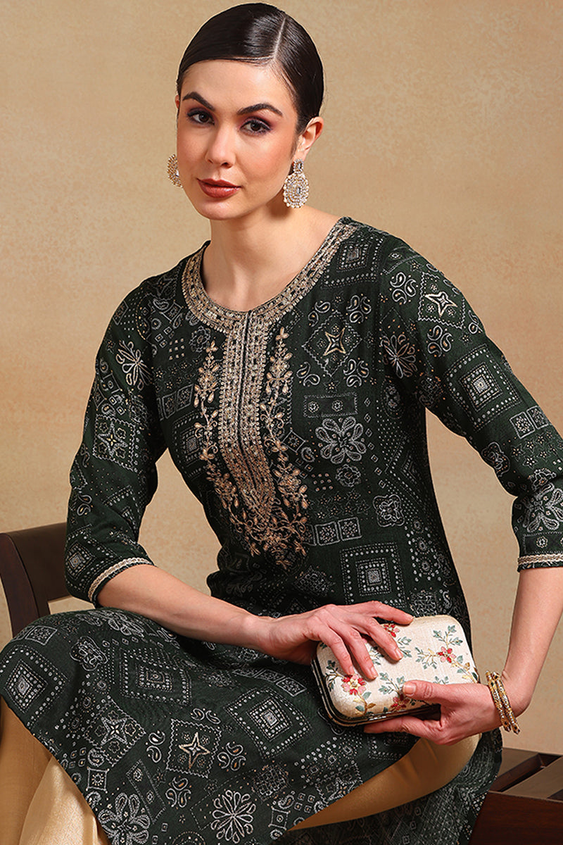 Green Silk Blend Ethnic Motifs Printed Straight Kurta VCK9337 | DesiQl