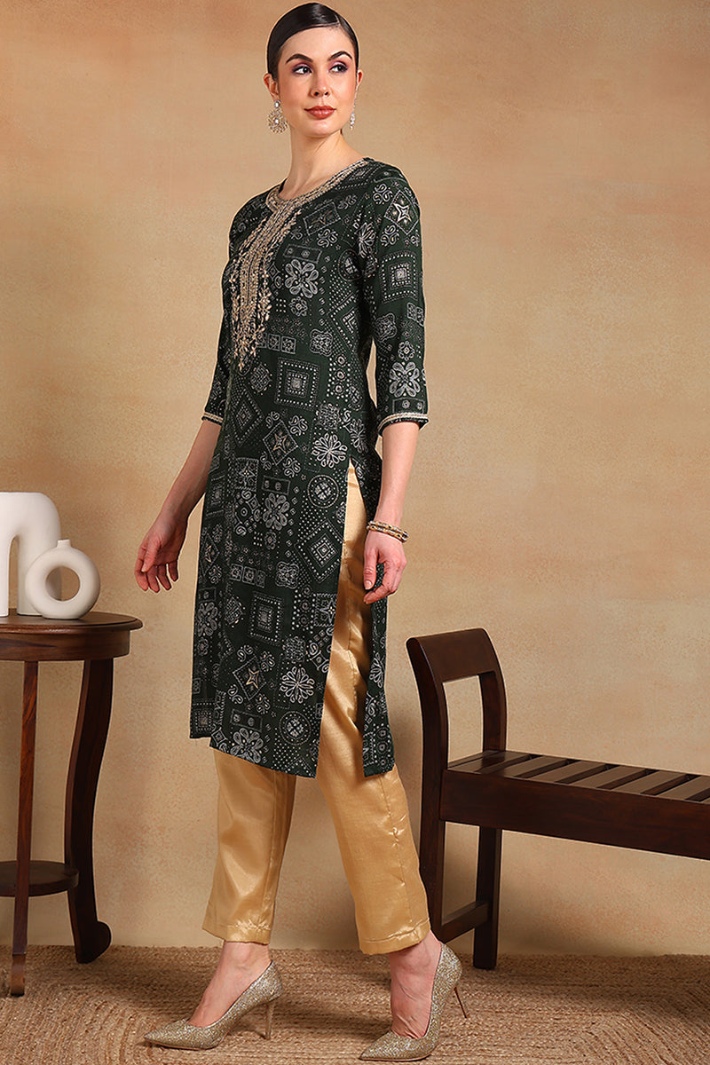 Green Silk Blend Ethnic Motifs Printed Straight Kurta VCK9337 | DesiQl