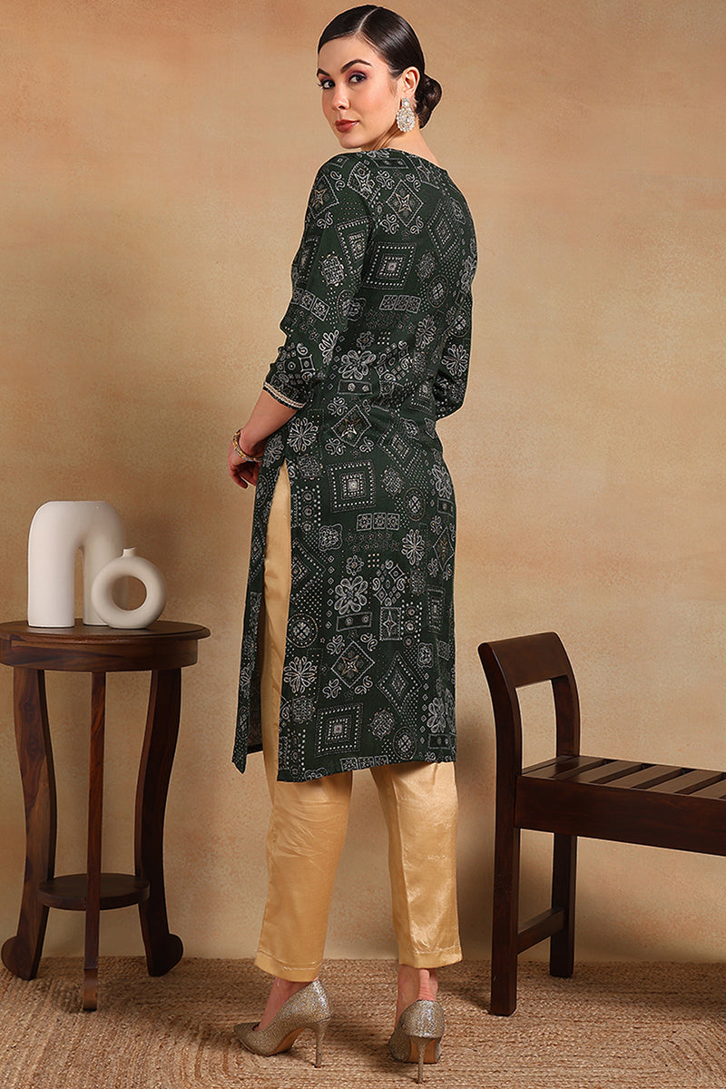 Green Silk Blend Ethnic Motifs Printed Straight Kurta VCK9337 | DesiQl