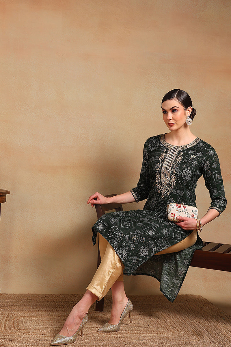 Green Silk Blend Ethnic Motifs Printed Straight Kurta VCK9337 | DesiQl