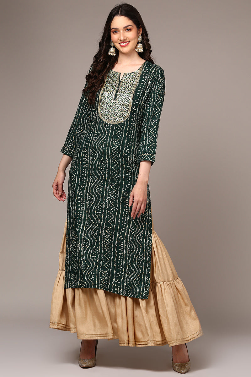 Green Viscose Rayon Bandhani Printed Straight Kurta VCK9474 | DesiQlo