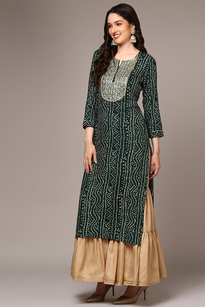 Green Viscose Rayon Bandhani Printed Straight Kurta VCK9474 | DesiQlo