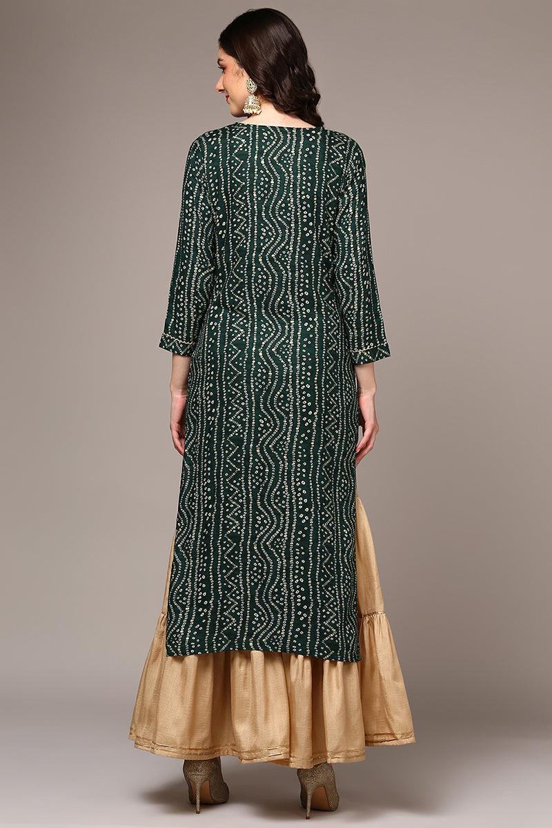 Green Viscose Rayon Bandhani Printed Straight Kurta VCK9474 | DesiQlo