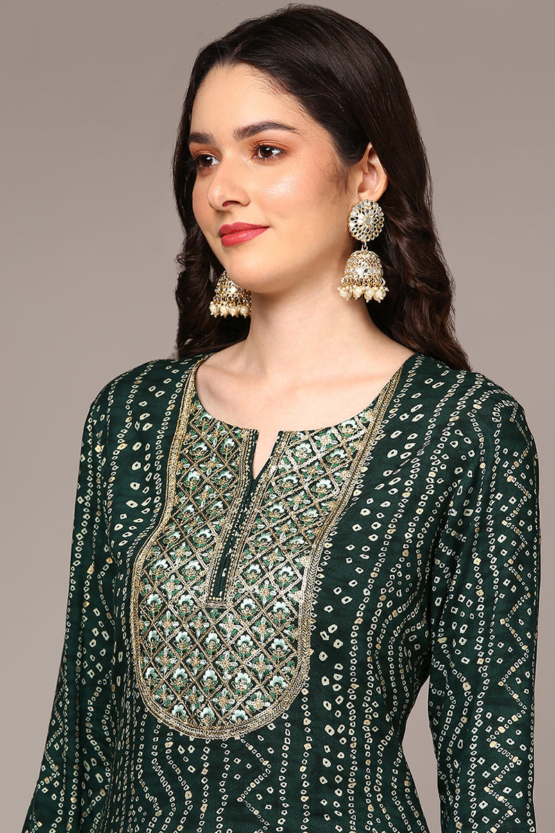 Green Viscose Rayon Bandhani Printed Straight Kurta VCK9474 | DesiQlo