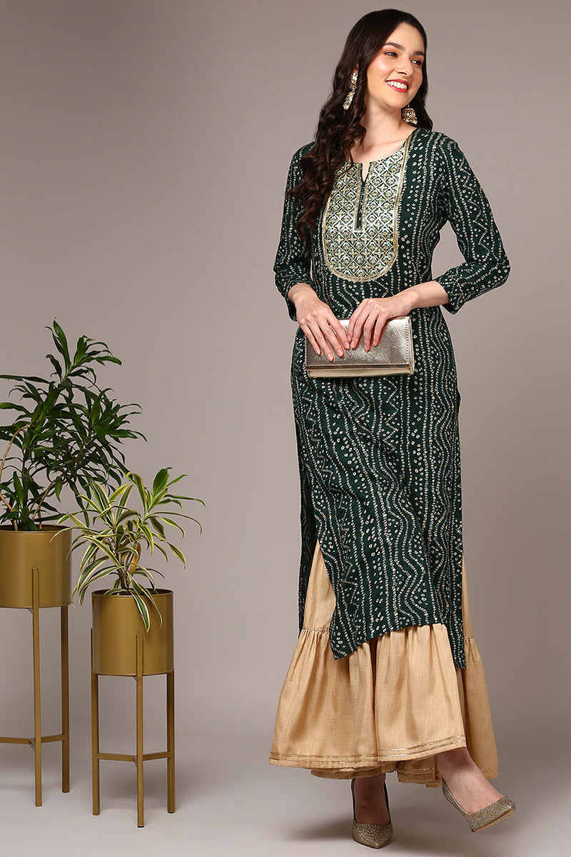 Green Viscose Rayon Bandhani Printed Straight Kurta VCK9474 | DesiQlo