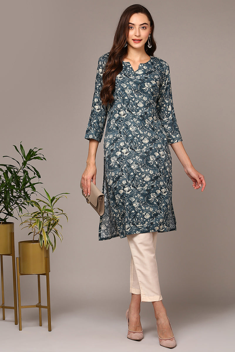 Blue Viscose Rayon Floral Printed Straight Kurta VCK9475 | DesiQlo
