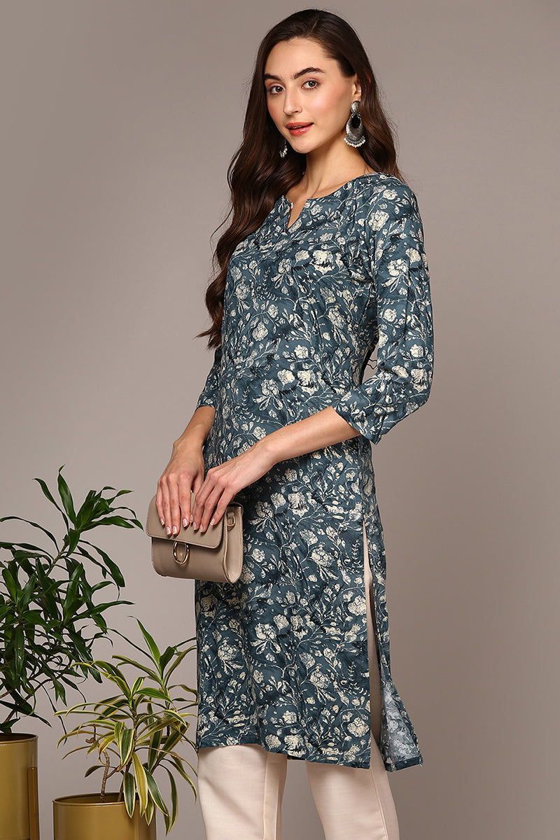 Blue Viscose Rayon Floral Printed Straight Kurta VCK9475 | DesiQlo