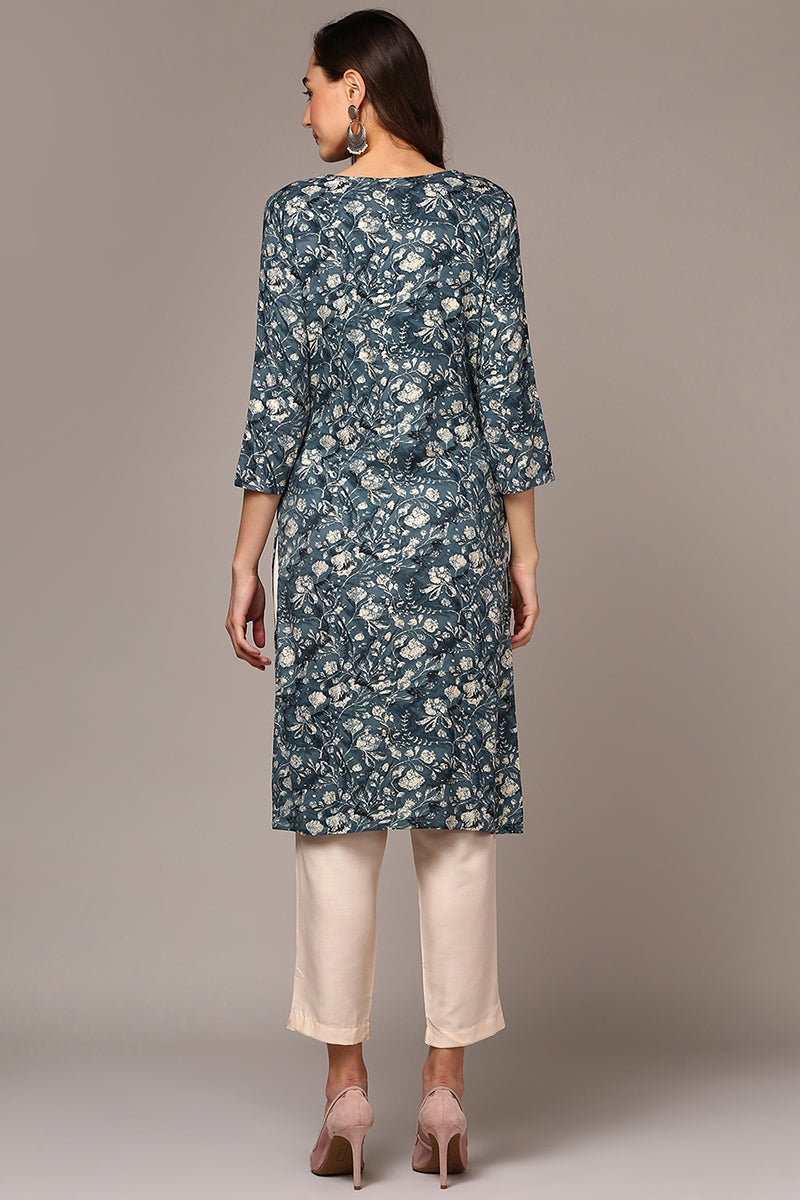 Blue Viscose Rayon Floral Printed Straight Kurta VCK9475 | DesiQlo