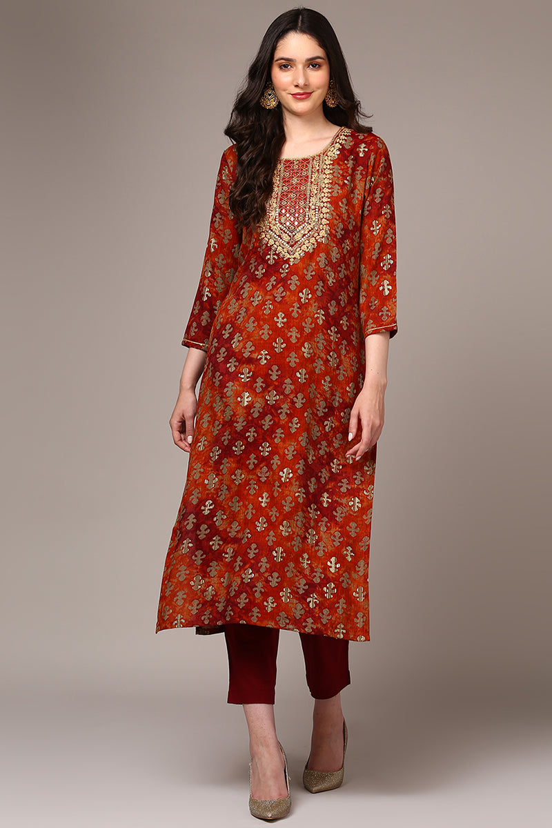 Orange Viscose Rayon Embroidered Kurta VCK9522 | DesiQlo