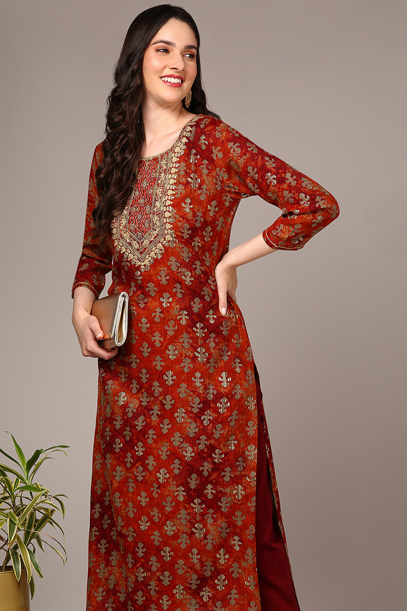 Orange Viscose Rayon Embroidered Kurta VCK9522 | DesiQlo