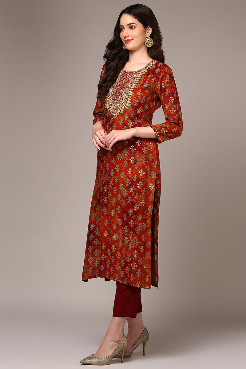 Orange Viscose Rayon Embroidered Kurta VCK9522 | DesiQlo