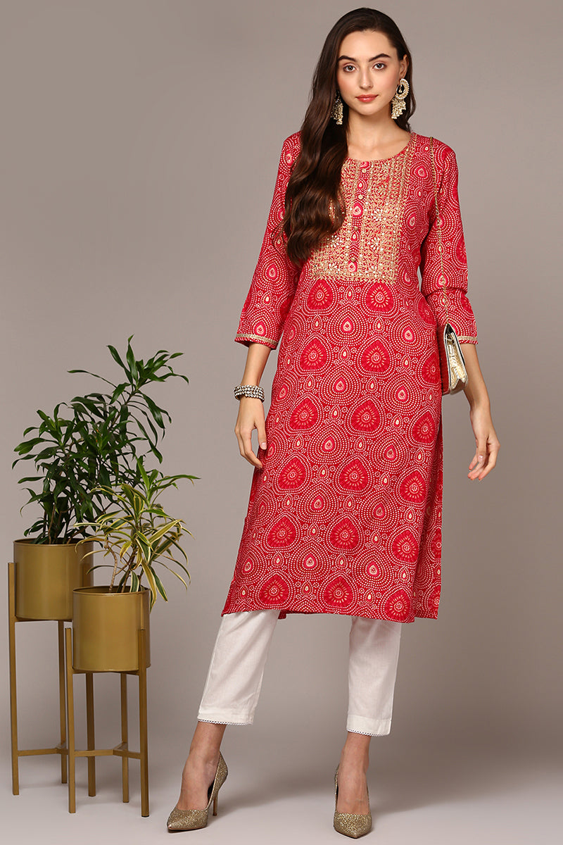 Pink Viscose Rayon Bandhani Straight Kurta VCK9548 | DesiQlo