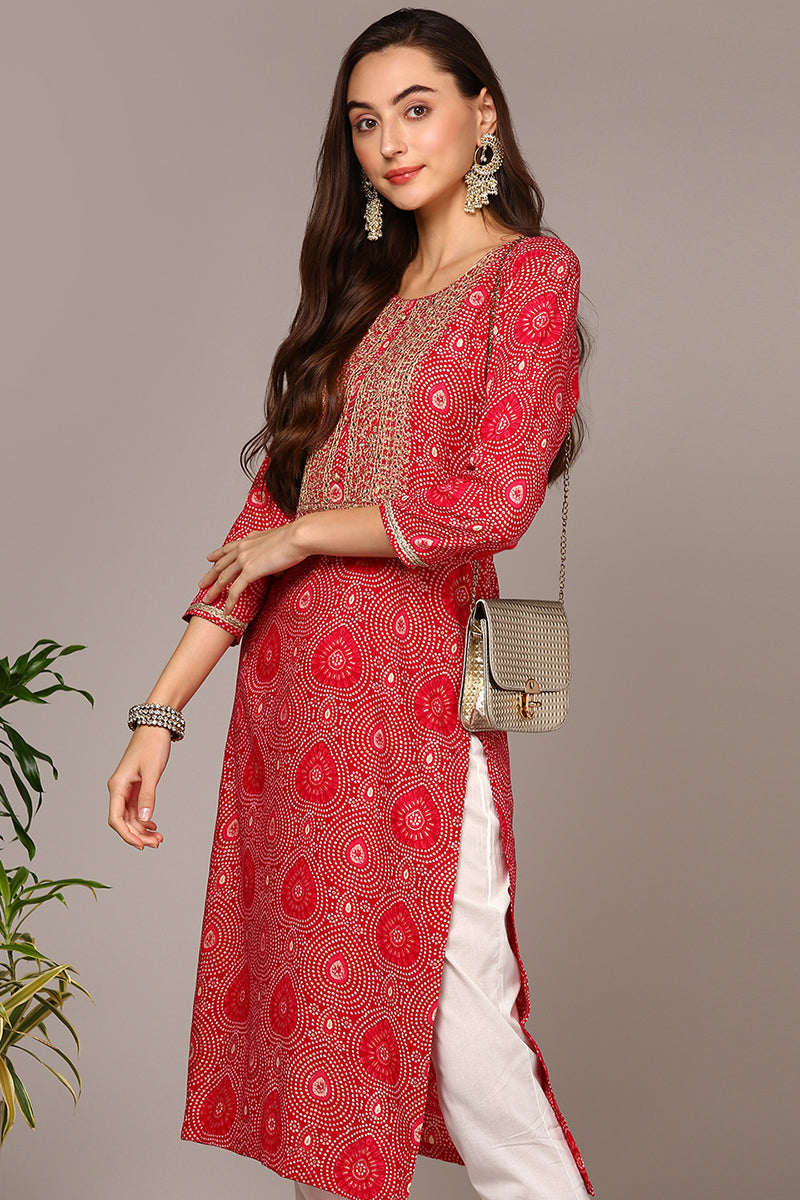 Pink Viscose Rayon Bandhani Straight Kurta VCK9548 | DesiQlo
