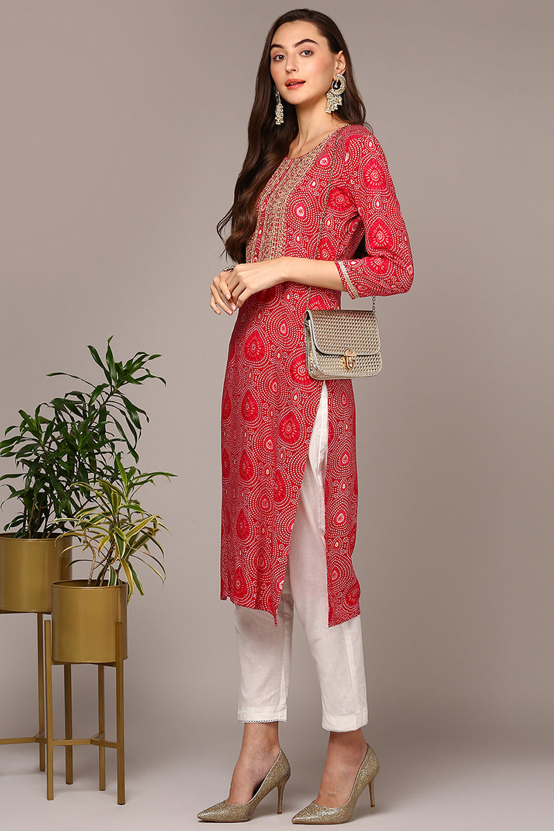 Pink Viscose Rayon Bandhani Straight Kurta VCK9548 | DesiQlo