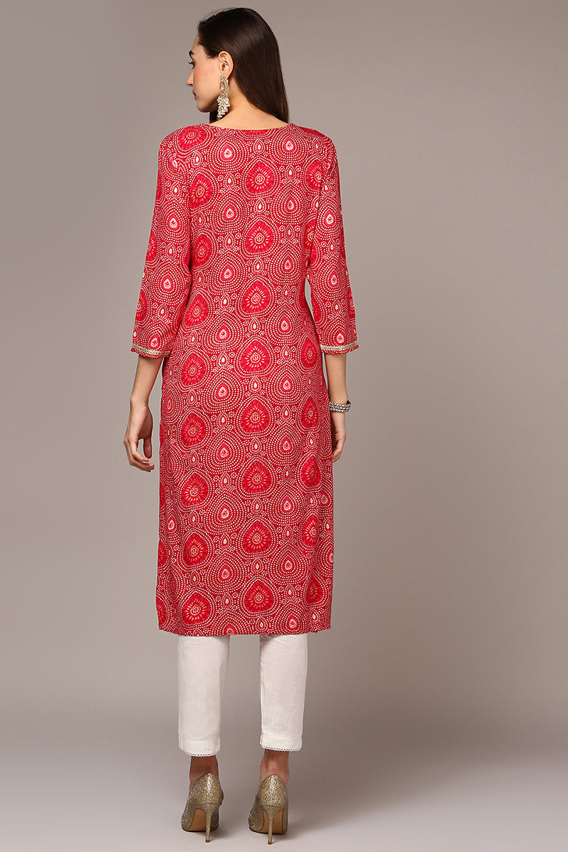 Pink Viscose Rayon Bandhani Straight Kurta VCK9548 | DesiQlo