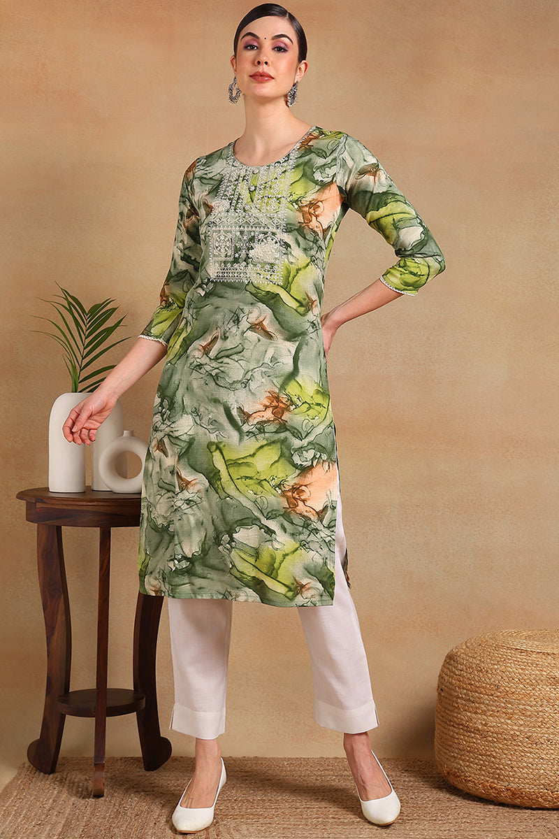 Green Cotton Blend Abstract Printed Straight Kurta VCK9563 | DesiQlo