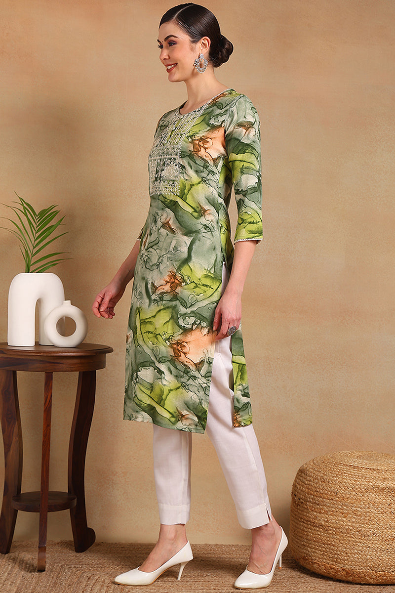 Green Cotton Blend Abstract Printed Straight Kurta VCK9563 | DesiQlo
